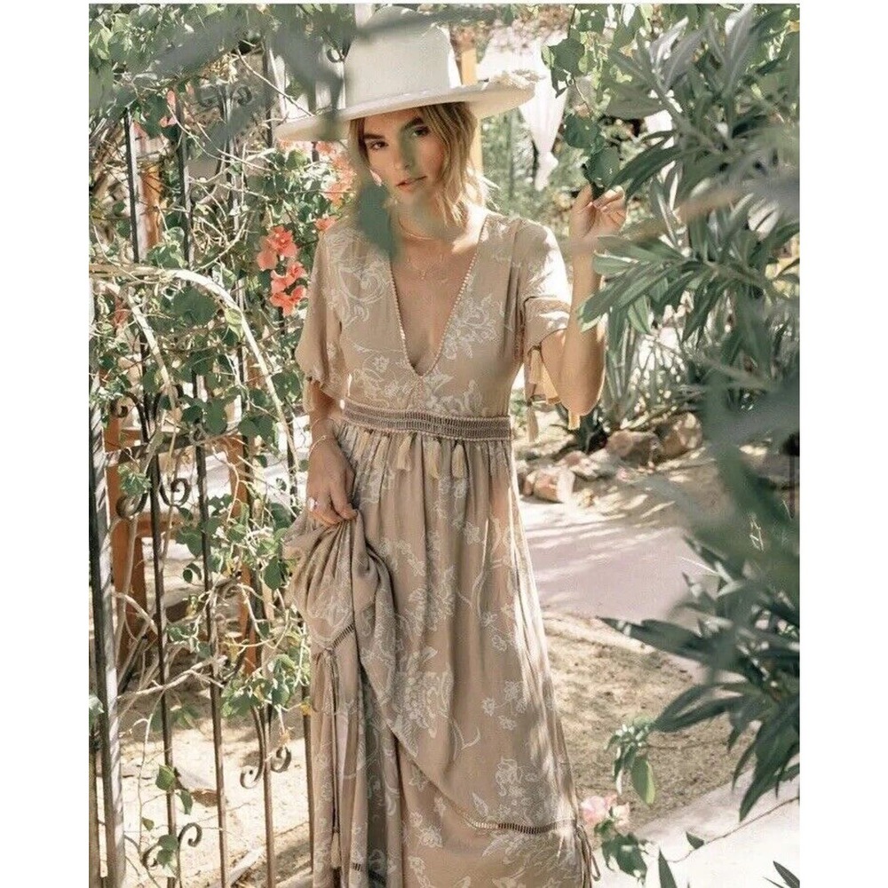 Yireh Hawaii Indi Maxi hand beaded & Tassels Boho Coastal Beach Island Dress MED